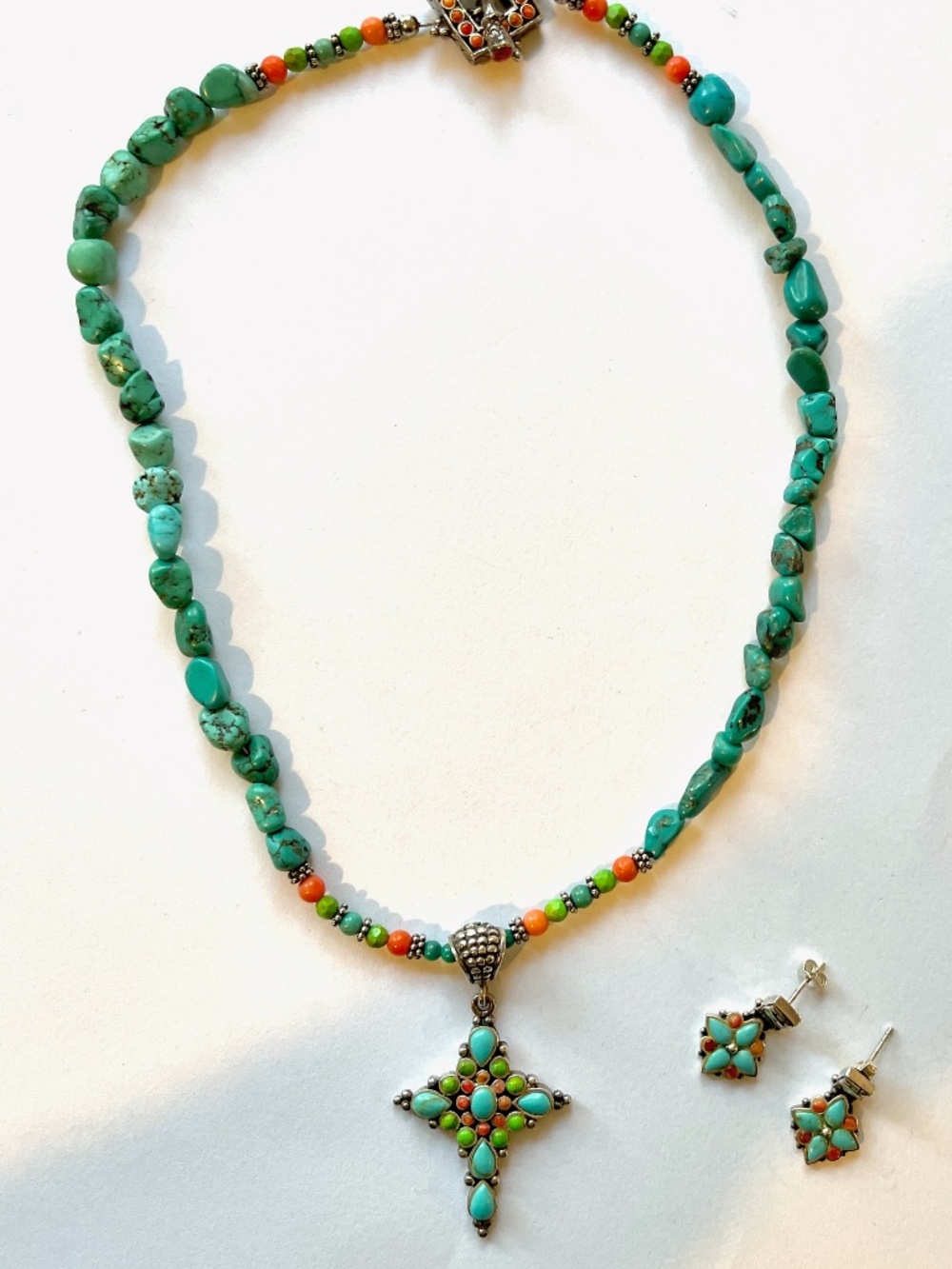 Vintage USA BARSE 925 Sterling Silver TURQUOISE CORAL Cross Necklace & Earrings